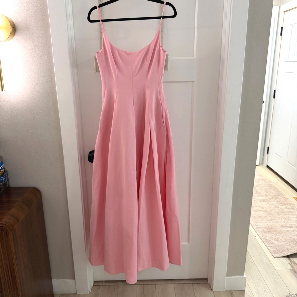 Staud Joy Gown Pink Pleated A-Line Maxi Dress Scoop Neck Sz 4 Event Gown Barbie